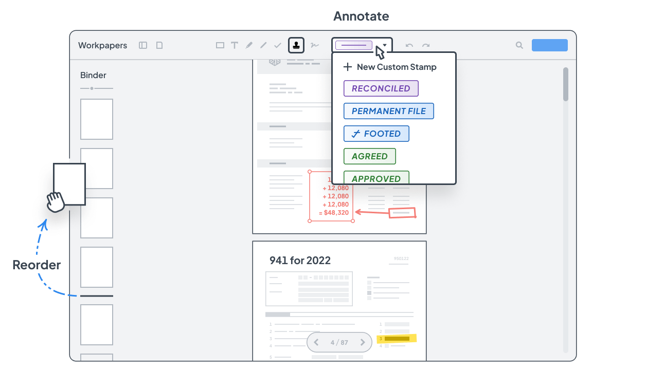 Reviewer stamps and annotations on a Tallyfor workpaper
